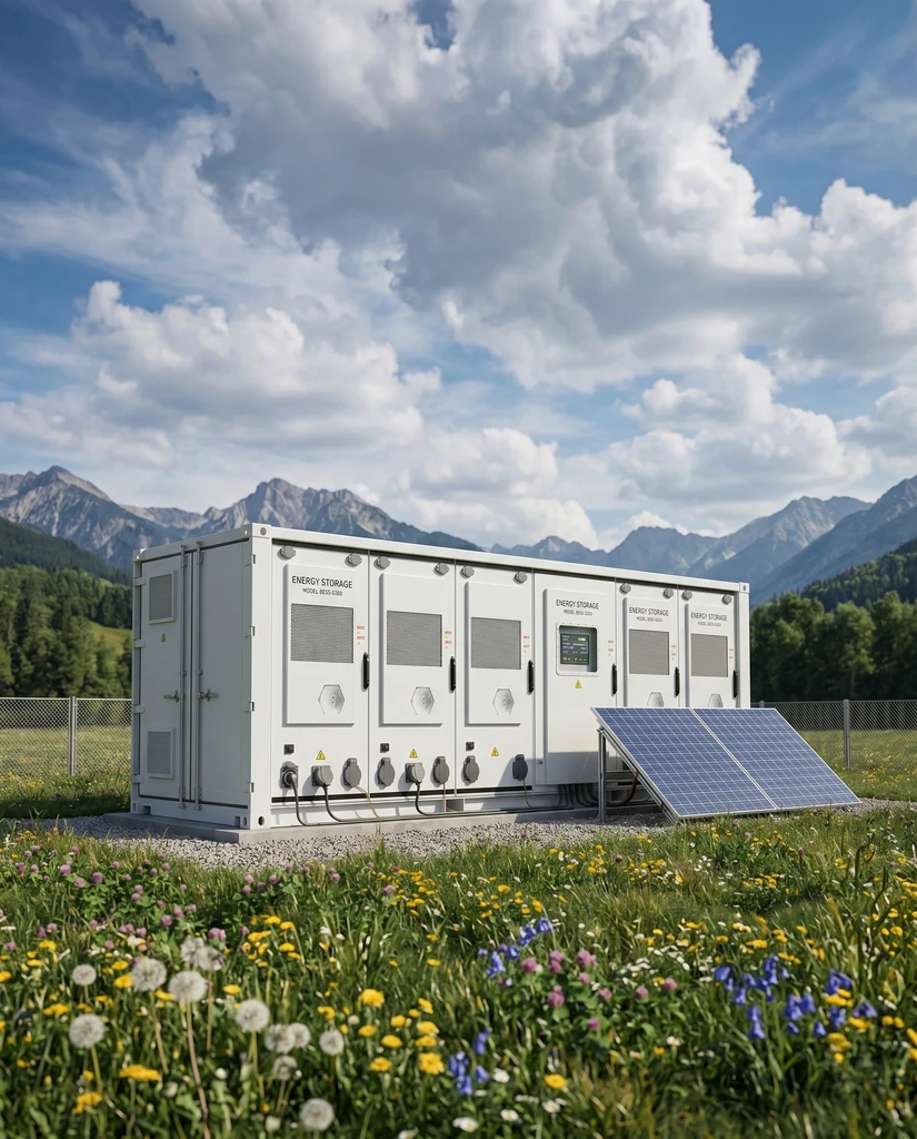 Containerized battery energy storage next to solar modules
